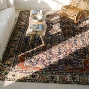 Blue Antique Joshagan Persian Geometric Garden Design Knotted Rug (SKU 24946) - styled overhead view