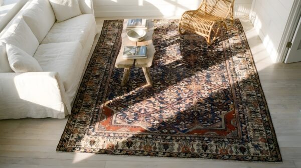 Blue antique joshagan persian geometric garden design knotted rug 2 Blue antique joshagan persian geometric garden design knotted rug (sku 24946) - styled overhead view