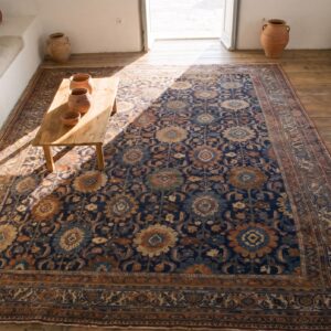 Blue Antique Large Scale Tribal Design Room Size Persian Bidjar Rug (SKU 20157) - styled overhead view