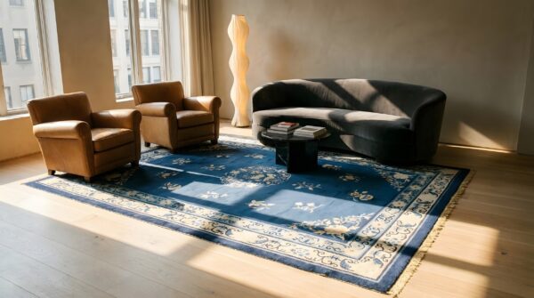 Blue late 19th century antique chinese small scatter size peking rug 11 Blue late 19th century antique chinese small scatter size peking rug (sku 23542) - room view