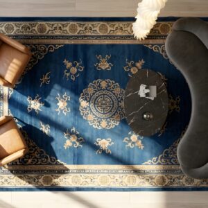 Blue Late 19th century Antique Chinese Small Scatter Size Peking Rug (SKU 23542) - styled overhead view