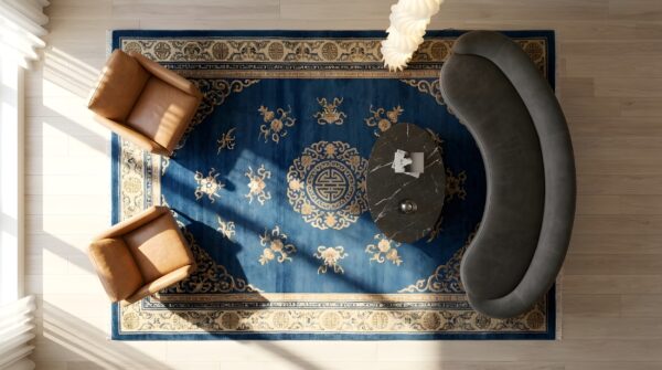 Blue late 19th century antique chinese small scatter size peking rug 2 Blue late 19th century antique chinese small scatter size peking rug (sku 23542) - styled overhead view