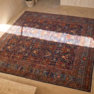 Blue Antique Late 19th Century Oversized Persian Tribal Garous Design Bidjar Rug (SKU 18635) - styled overhead view