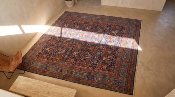 Blue antique late 19th century oversized persian tribal garous design bidjar rug 2 Blue antique late 19th century oversized persian tribal garous design bidjar rug (sku 18635) - styled overhead view