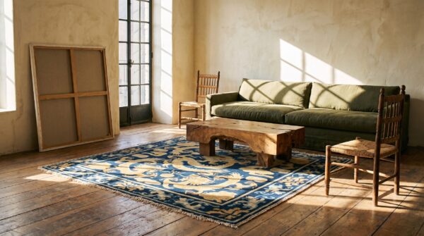 Blue mid 19th century antique five clawed chinese dragons square ningxia rug 6 Blue mid 19th century antique five clawed chinese dragons square ningxia rug (sku 22728) - room view