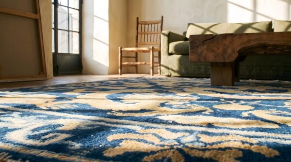 Blue mid 19th century antique five clawed chinese dragons square ningxia rug 7 Blue mid 19th century antique five clawed chinese dragons square ningxia rug (sku 22728) - in-room detail