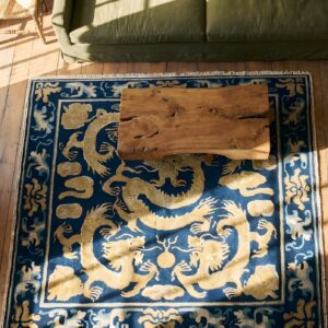Blue Mid 19th Century Antique Five Clawed Chinese Dragons Square Ningxia Rug (SKU 22728) - styled overhead view