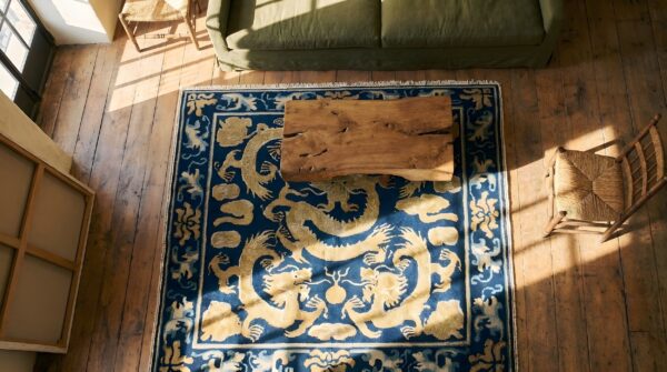 Blue mid 19th century antique five clawed chinese dragons square ningxia rug 2 Blue mid 19th century antique five clawed chinese dragons square ningxia rug (sku 22728) - styled overhead view