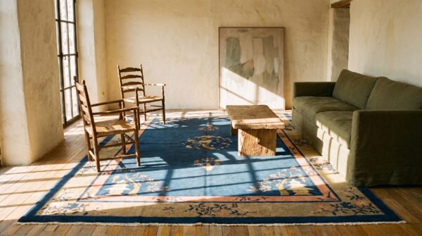 Blue open field floral medallion antique chinese peking area rug 10 Blue open field floral medallion antique chinese peking area rug (sku 23190) - room view