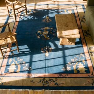 Blue Open Field Floral Medallion Antique Chinese Peking Area Rug (SKU 23190) - styled overhead view