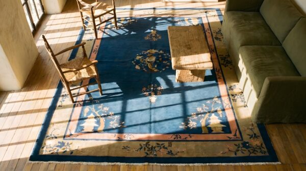 Blue open field floral medallion antique chinese peking area rug 2 Blue open field floral medallion antique chinese peking area rug (sku 23190) - styled overhead view