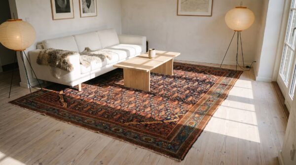 Antique blue paisley pattern square persian malayer rug (sku 24857) - room view