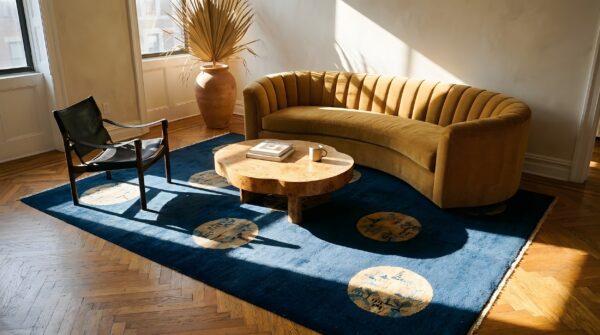 Antique blue peking chinese wool square rug - 1920s small scatter size (sku 25337) - room view
