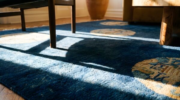 Antique blue peking chinese wool square rug - 1920s small scatter size (sku 25337) - in-room detail