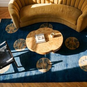 Antique Blue Peking Chinese Wool Square Rug - 1920s Small Scatter Size (SKU 25337) - styled overhead view