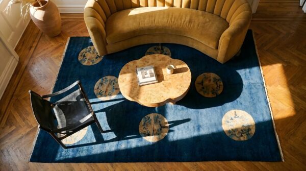 Antique blue peking chinese wool square rug - 1920s small scatter size (sku 25337) - styled overhead view