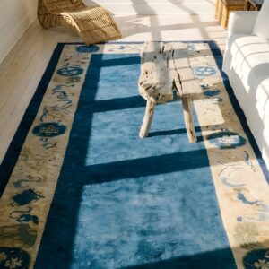 Antique Blue Wool Peking Hallway Runner - 1920s Chinese Hand-Knotted Rug (SKU 25851) - styled overhead view