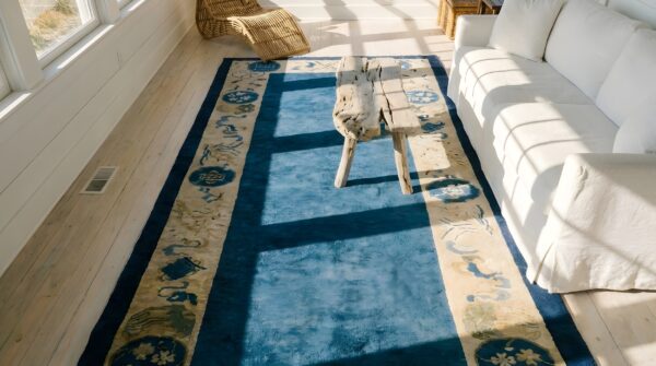 Antique blue wool peking hallway runner - 1920s chinese hand-knotted rug 2 Antique blue wool peking hallway runner - 1920s chinese hand-knotted rug (sku 25851) - styled overhead view