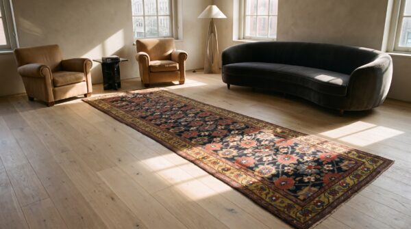 Blue antique persian tribal mina khani kurdish hallway runner rug (sku 25275) - room view