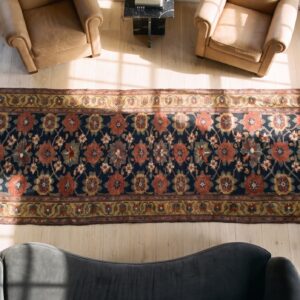 Blue Antique Persian Tribal Mina Khani Kurdish Hallway Runner Rug (SKU 25275) - styled overhead view