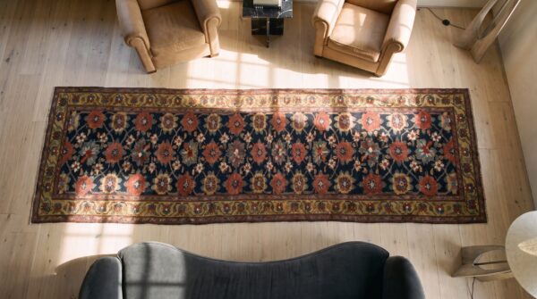 Blue antique persian tribal mina khani kurdish hallway runner rug (sku 25275) - styled overhead view
