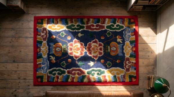 Blue rare antique cloud band chinese saddle horse cover rug set 2 Blue rare antique cloud band chinese saddle horse cover rug set (sku 22061) - styled overhead view