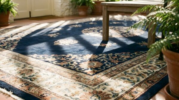 Wool hand knotted pile blue antique rectangle 1890s rug 11 Wool hand knotted pile blue antique rectangle 1890s rug (sku 24894) - in-room detail