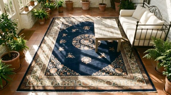 Wool hand knotted pile blue antique rectangle 1890s rug 2 Wool hand knotted pile blue antique rectangle 1890s rug (sku 24894) - styled overhead view