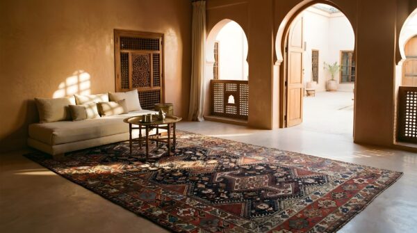 Antique blue rectangle hand knotted pile 1890s wool persian bakhtiari rug (sku 23672) - room view