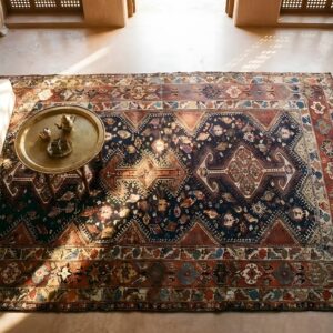 Antique Blue Rectangle Hand Knotted Pile 1890s Wool Persian Bakhtiari Rug (SKU 23672) - styled overhead view