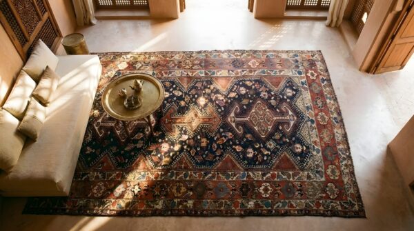 Antique blue rectangle hand knotted pile 1890s wool persian bakhtiari rug (sku 23672) - styled overhead view
