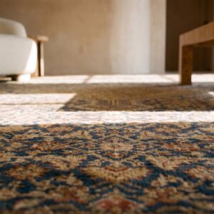 Blue Rectangle 1900s Wool Hand Knotted Pile Antique Floral Medallion Rug (SKU 23341) - in-room detail
