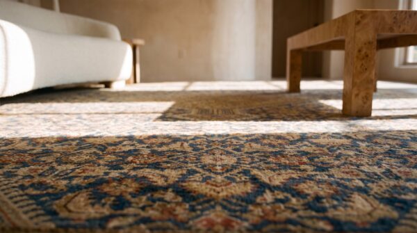 Blue rectangle 1900s wool hand knotted pile antique floral medallion rug 10 Blue rectangle 1900s wool hand knotted pile antique floral medallion rug (sku 23341) - in-room detail