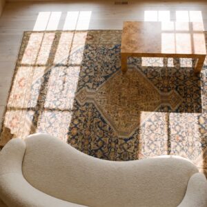 Blue Rectangle 1900s Wool Hand Knotted Pile Antique Floral Medallion Rug (SKU 23341) - styled overhead view