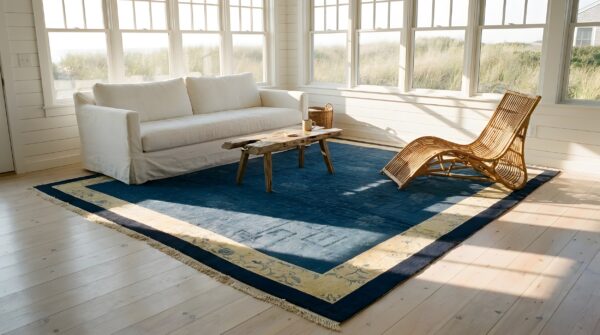 Blue wool hand knotted pile rectangle antique 1920s rug 5 Blue wool hand knotted pile rectangle antique 1920s rug (sku 23760) - room view