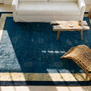 Blue Wool Hand Knotted Pile Rectangle Antique 1920s Rug (SKU 23760) - styled overhead view