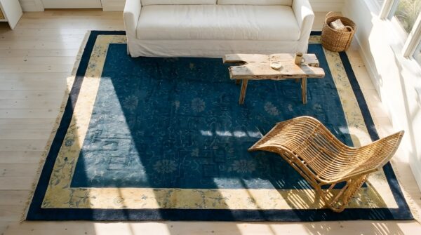 Blue wool hand knotted pile rectangle antique 1920s rug 2 Blue wool hand knotted pile rectangle antique 1920s rug (sku 23760) - styled overhead view