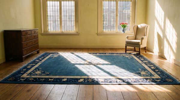 Wool blue antique hand knotted pile rectangle 1920s rug 10 Wool blue antique hand knotted pile rectangle 1920s rug (sku 24379) - room view