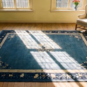 Wool Blue Antique Hand Knotted Pile Rectangle 1920s Rug (SKU 24379) - styled overhead view