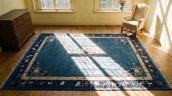 Wool blue antique hand knotted pile rectangle 1920s rug 2 Wool blue antique hand knotted pile rectangle 1920s rug (sku 24379) - styled overhead view