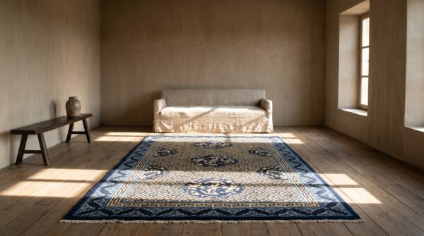 Blue wool antique rectangle hand knotted pile 1920s rug (sku 24686) - room view