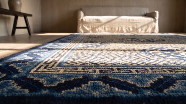 Blue wool antique rectangle hand knotted pile 1920s rug (sku 24686) - in-room detail