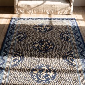Blue Wool Antique Rectangle Hand Knotted Pile 1920s Rug (SKU 24686) - styled overhead view