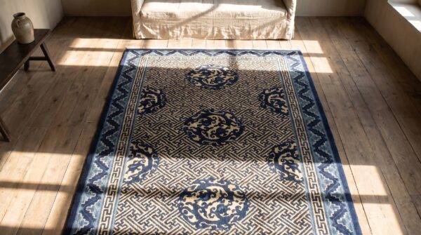 Blue wool antique rectangle hand knotted pile 1920s rug (sku 24686) - styled overhead view