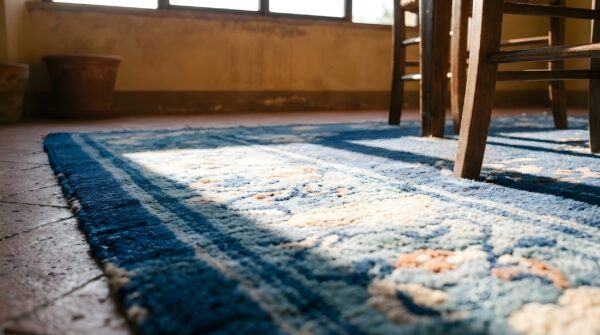 Blue rectangle 1920s antique wool hand knotted pile rug 11 Blue rectangle 1920s antique wool hand knotted pile rug (sku 24720) - in-room detail