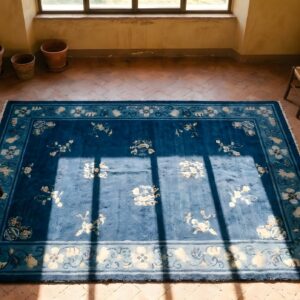 Blue Rectangle 1920s Antique Wool Hand Knotted Pile Rug (SKU 24720) - styled overhead view