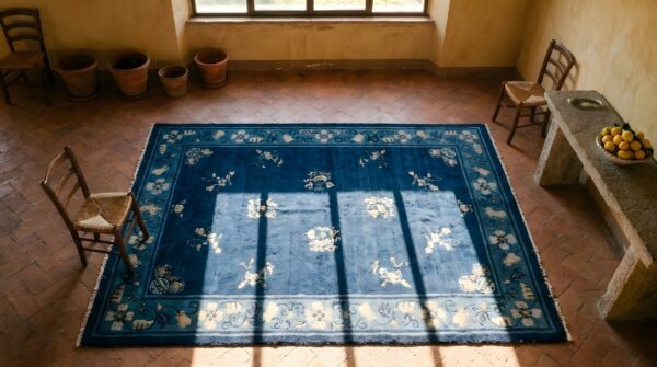 Blue rectangle 1920s antique wool hand knotted pile rug 2 Blue rectangle 1920s antique wool hand knotted pile rug (sku 24720) - styled overhead view