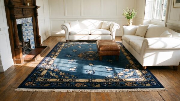 Wool hand knotted pile blue rectangle 1920s antique rug (sku 24827) - room view