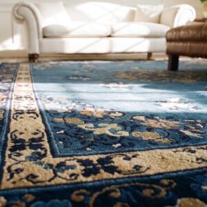 Wool Hand Knotted Pile Blue Rectangle 1920s Antique Rug (SKU 24827) - in-room detail