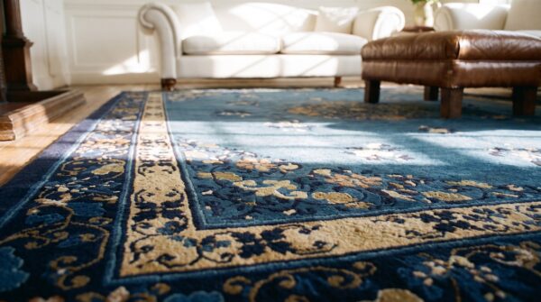 Wool hand knotted pile blue rectangle 1920s antique rug (sku 24827) - in-room detail
